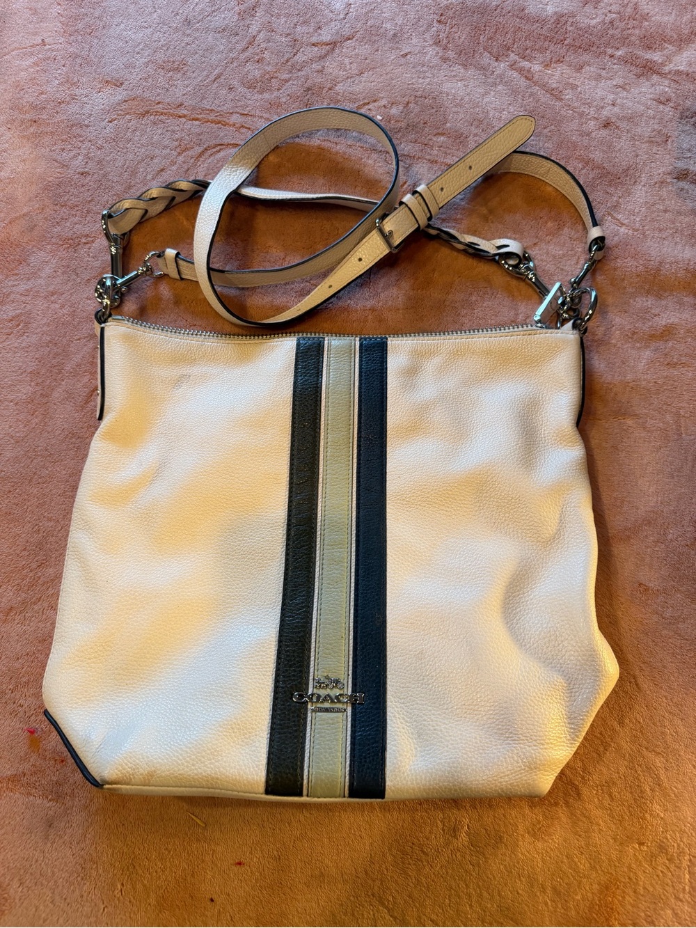 Coach Pebble Leather Crossbody Tote in Cream with Black Stripe
